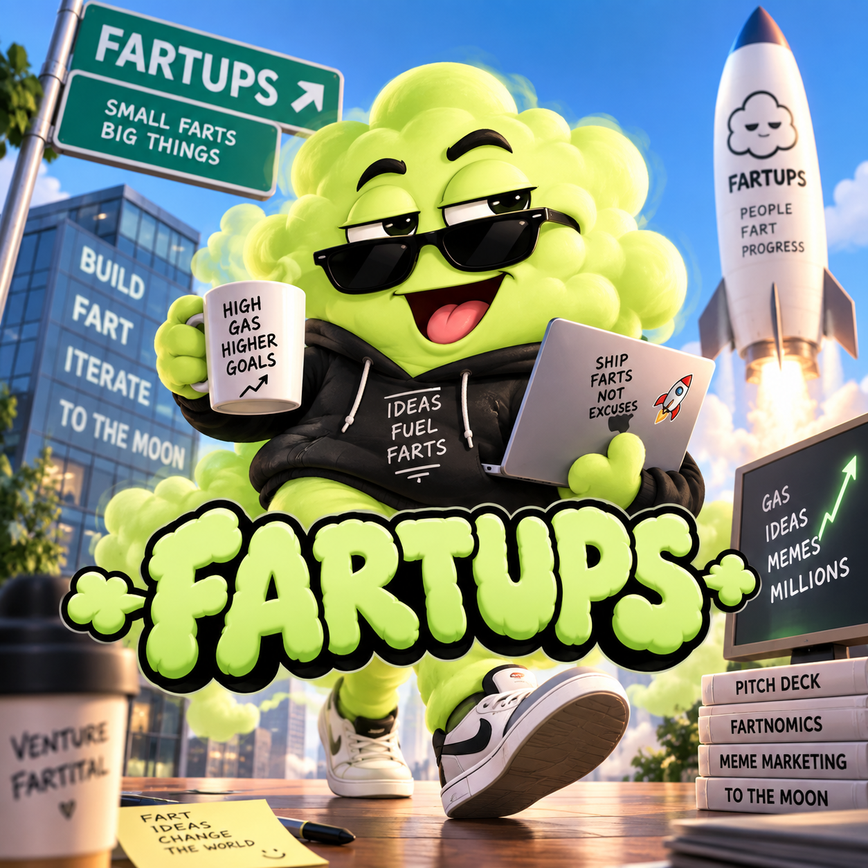 FARTUPS mascot carrying a laptop while a rocket launches